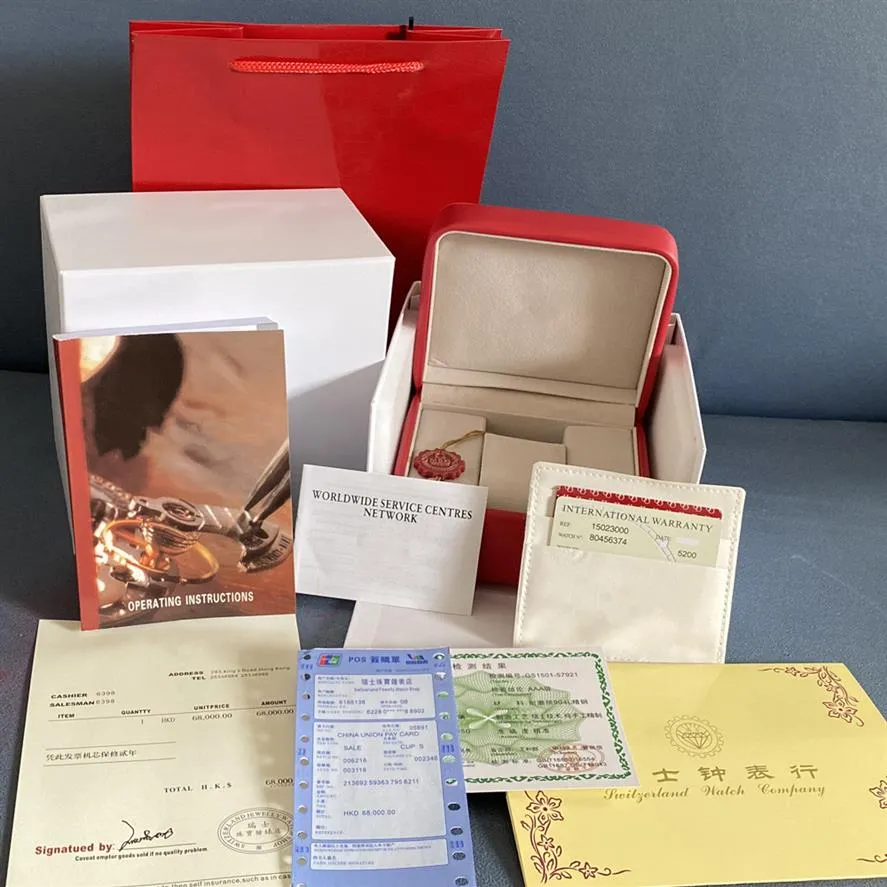 Luxe carré rouge hommes montres originales boxs livret carte étiquettes et papiers en anglais intérieur extérieur3173