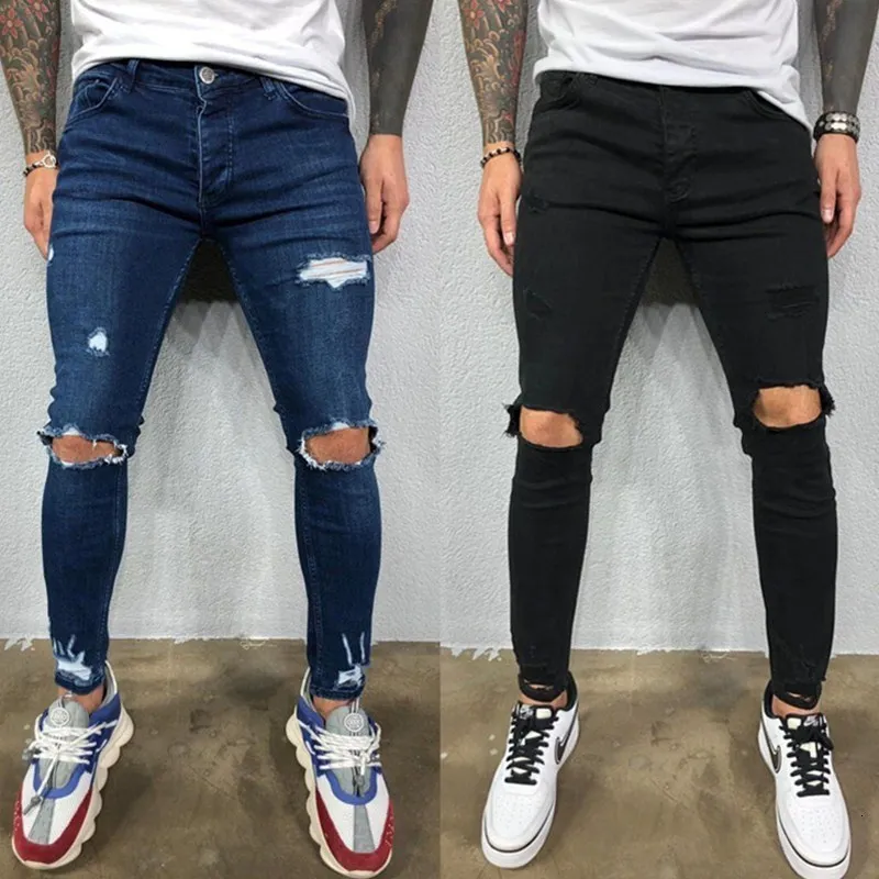 Мужские джинсы мужская коленная дыра разорванная растянутая джинсовая брюки с твердым цветом черный синий осенний лето в стиле хип -хопа Slim Fit Brousers S4XL 230607