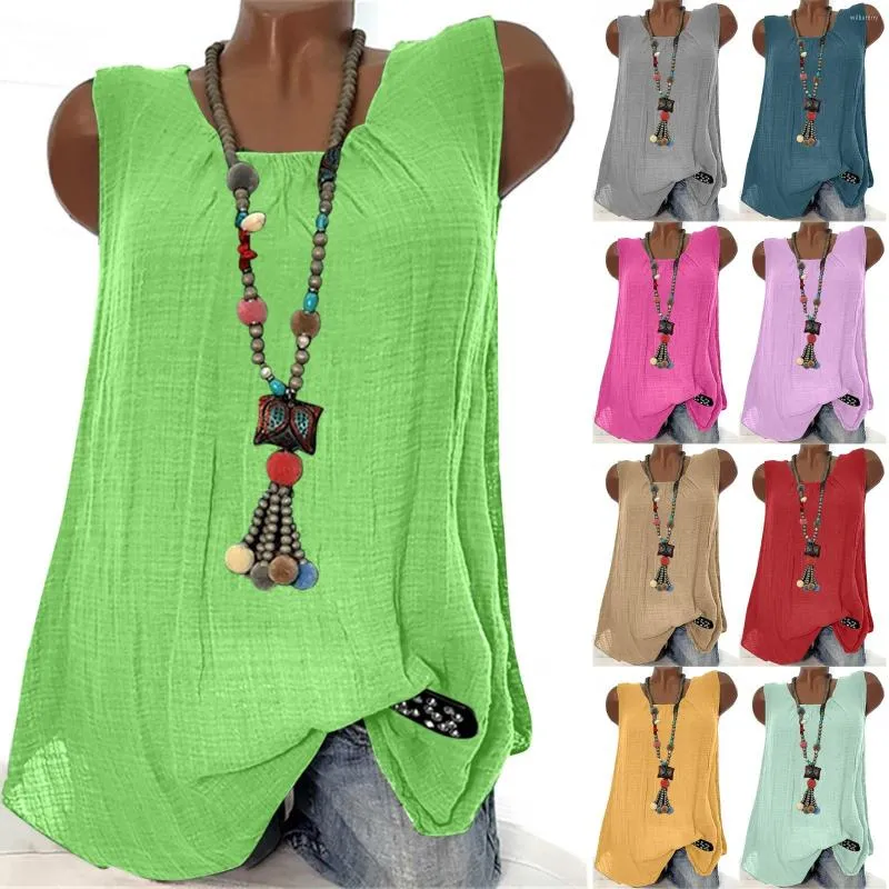 Women's Blouses Plus Size Cotton Linen Sleeveless Swing Shirts Elegant Female O Neck Solid Homewear Tank Tops 2023 Summer Women Blouse