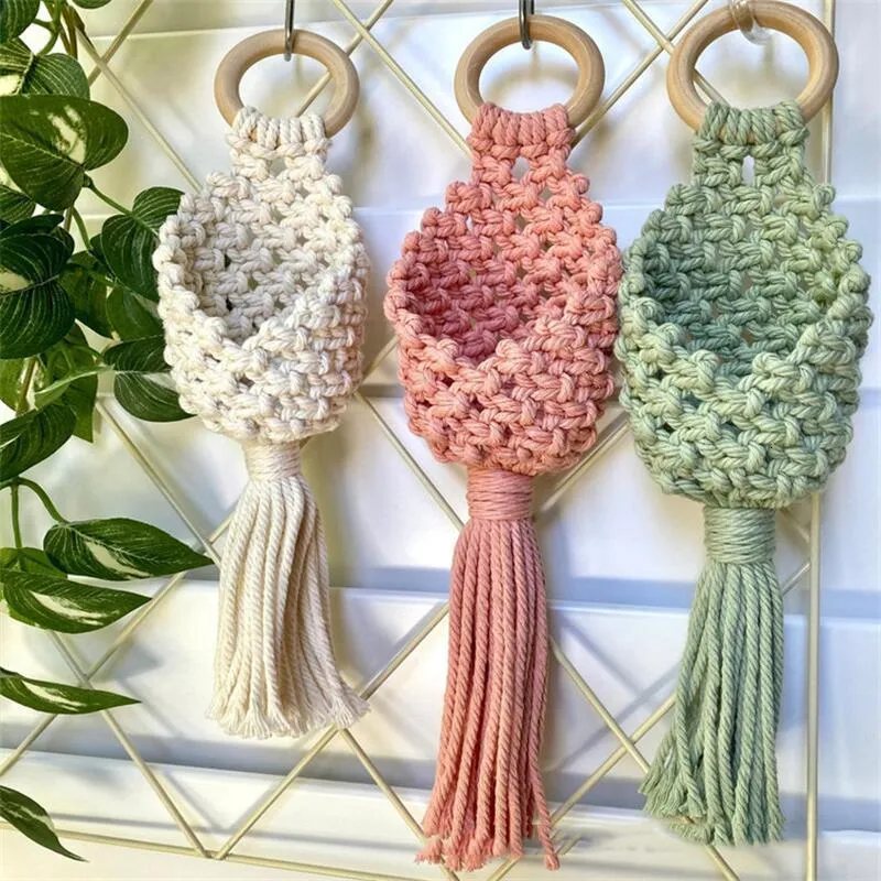 Planters POTS Colorful Macrame Wall Hanging Air Plant Holder Planter Cotton Hand Weaving Flowerpot Net Väska för heminredning sovrumsdekoration 230607