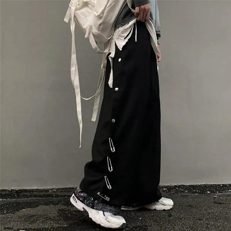 Pants High Street Wide Leg Pants Men Hip Hop Breasted Pin Loose Pantalones Falling Couples Harajuku Casual Patchwork Black Sweatpants