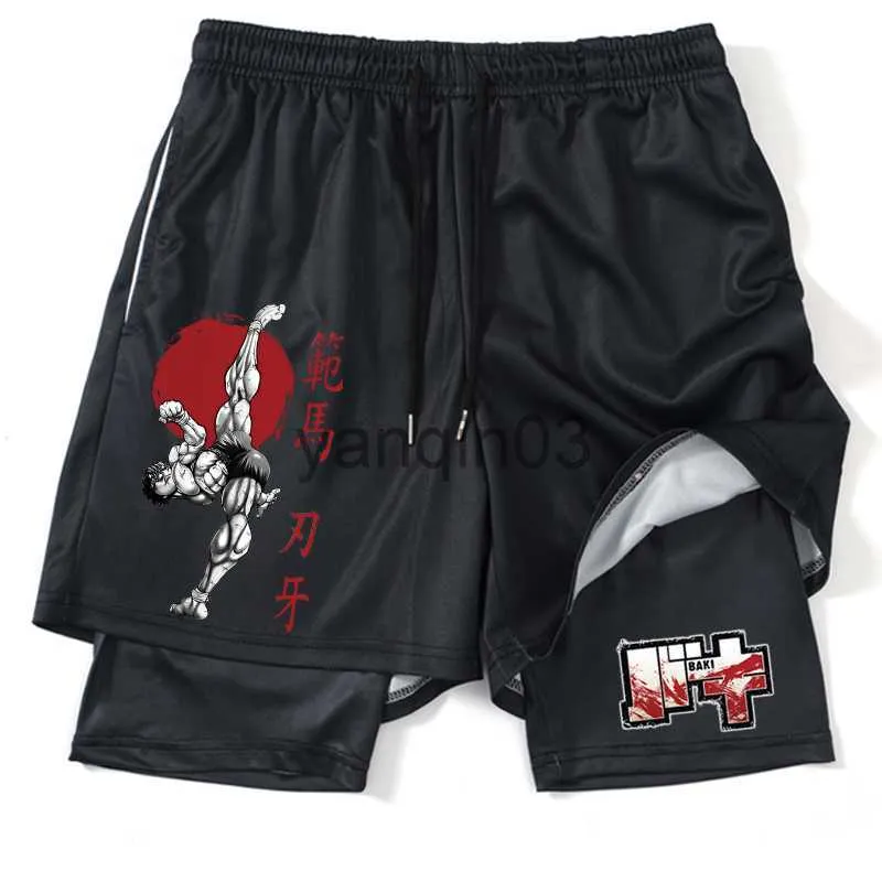 Mäns shorts anime hanma baki gym shorts svart för män 2 in1 mesh snabb torrt bräd shorts mens bodybuilding fitness kör korta byxor sommar j230608