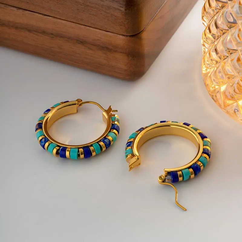 Hoop Earrings Minar Vintage Contrast Color Natural Stone Turquoise Large Women 14K Gold Plated Brass Earring Statement Jewelry