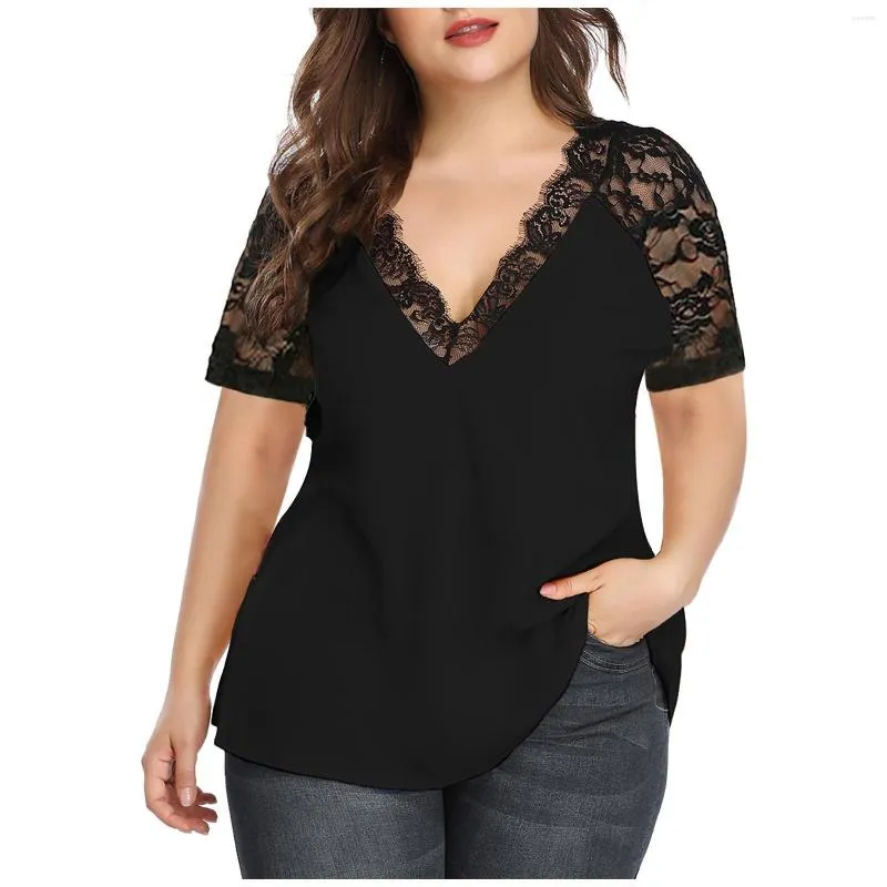 Blouses pour femmes dames d'été pour les femmes en mousseline de soie habillé col en v dentelle Patchwork court grande taille manches hauts vêtements pour femmes