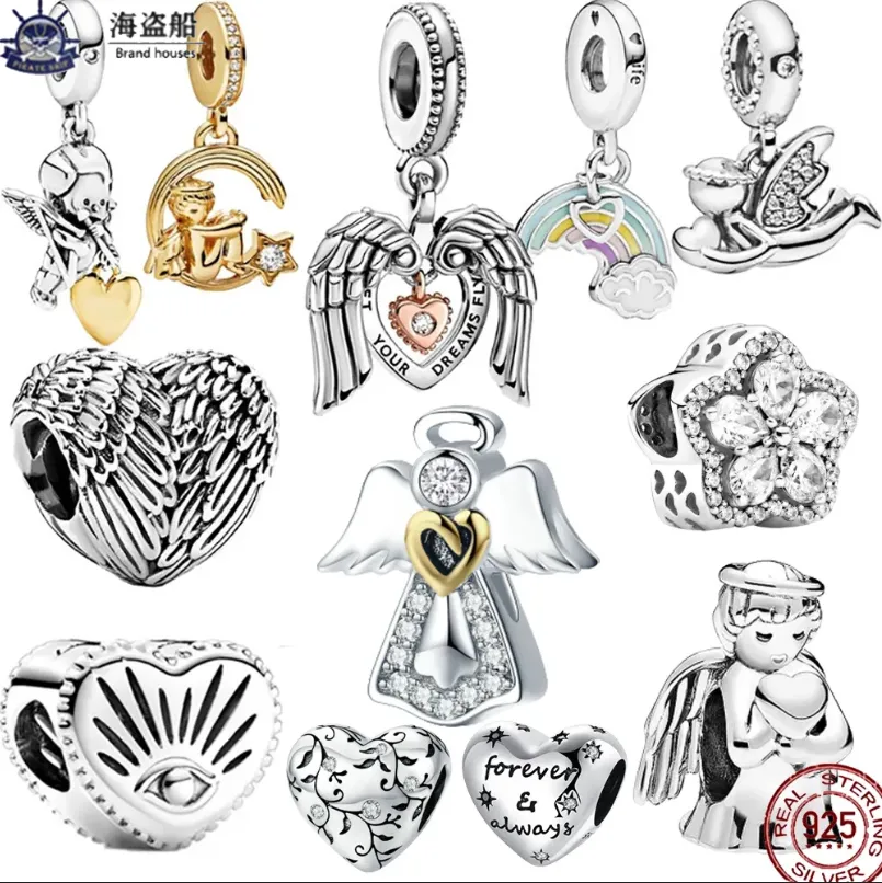 Para pandora charms autênticas contas de prata 925 asas de anjo arco-íris do amor pulseira de coração