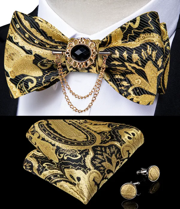 Halsband lyxguld svart paisley självt slips mäns fluga silk vävt bröllopsfest fjärilsband med hanky brosch pin set tuxedo bow dibangu 230607