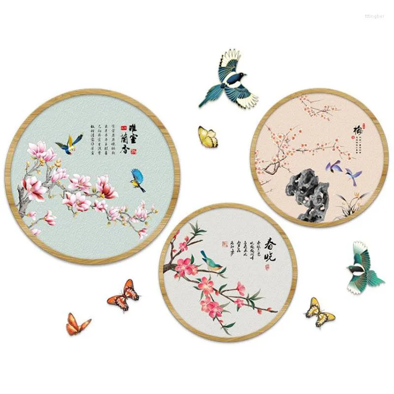 Wall Stickers Chinese Style Wallpaper Living Room Sofa TV Background Decoration DIY Round Flowers Bird Posters