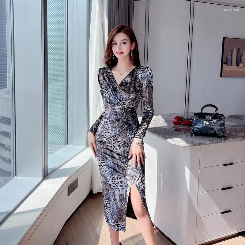 Casual Dresses Lange Ärmel Damen Vintage Kleid 2023 Hit V-Ausschnitt Leopardenmuster Elegante Hüfte Wrap Frau Kleidung Koreanische Mode Schwarz