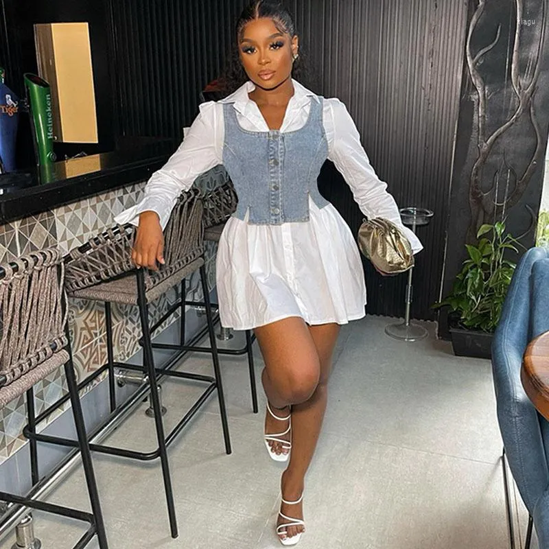 Jeans Vest Over Dress Shirt Women's Shirt Dress Set Denim Vest