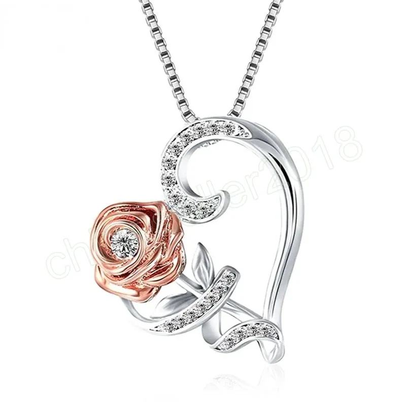 Creative Love Rose Heart Pendant Necklace For Women Exquisite Zircon Forever Necklace Romantic Valentine's Day Jewelry Gift