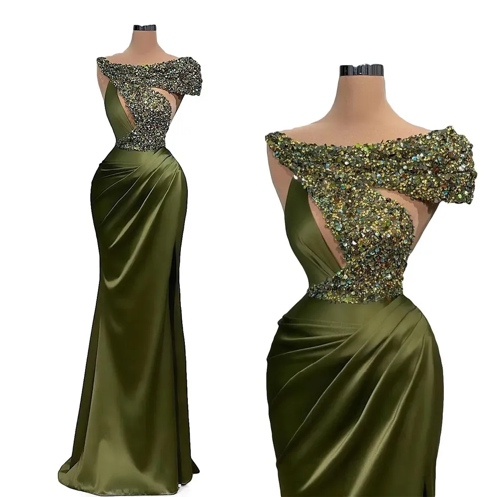 Evening Dress Gorgeous Olive Mermaid Satin Silk Prom Dresses Sequins Short Sleeve Crystal Pleats Women vestidos Custom