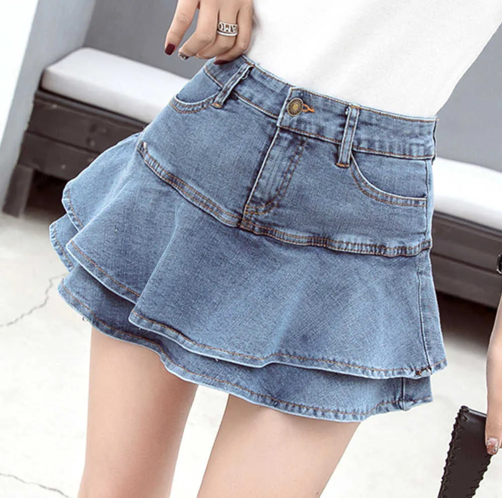 2024 Mini Jean Röcke Sommer Frauen Sexy Hohe Taille Denim Rock Weibliche Rüschen Taschen Saia Jeans Mode Lässig Jupe Femme