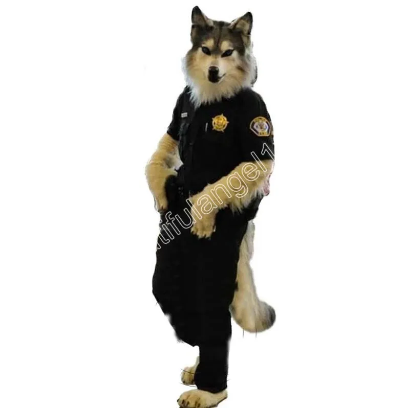 高品質の警察ウルフマスコットコスチューム漫画キャラクター衣装スーツハロウィーンパーティーアウトドアカーニバルフェスティバルファンシードレス男性女性のためのファンシードレス