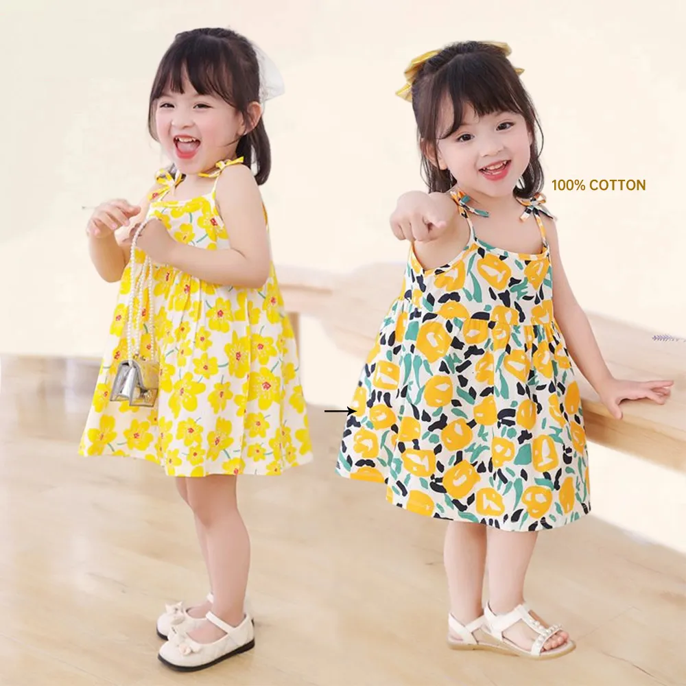 Vestidos para Meninas Vestido de Verão Sem Mangas Suspensório Crianças Princesa Estampa Floral 100% Algodão Casual para Criança Menina 27 Anos 230607