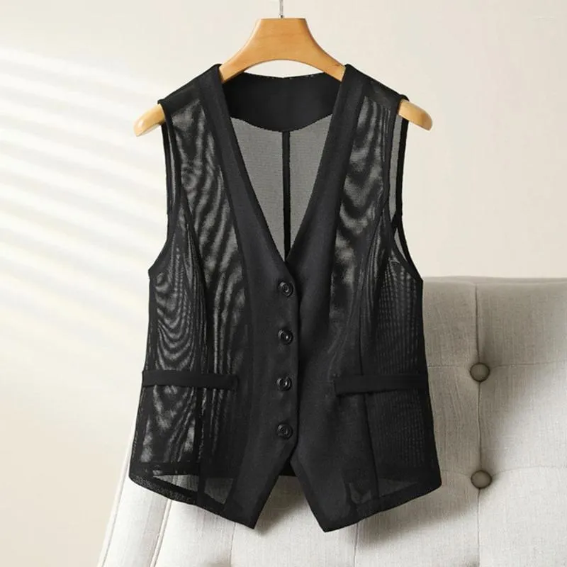 Vrouwen Vesten Vrouwen Mode Vest Vintage V-hals Mouwloos Gaas Jas Vrouwelijke Casual Losse Bovenkleding Chic Tops Vrouw Zwart vest Jas