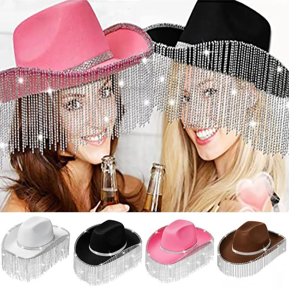 Geniş Memlu Şapkalar Kova Saçak Keytan Kıç Allgirl Şapka Bling Diamond Cowboy Kadınlar İçin Batı Glitter Disco Rave Parti Kostümü 230608