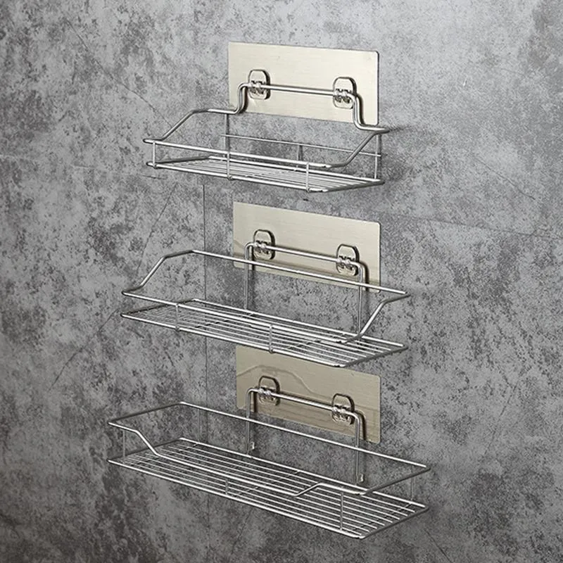 Bathroom Shelves Stainless Steel Storage Shelf PunchFree Kitchen Toilet Wall Hanging Rack 230607