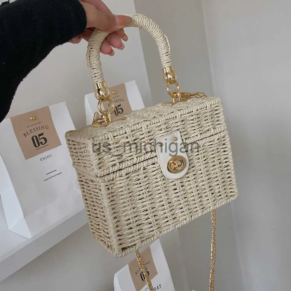 Bolsas de noite Rattan Straw Shoulder Bag Feminina Boho HandWoven Basket Messenger Pouch Summer Beach Square Box Tophandle Handle Handle Handle Handle para Lady Girls J230608