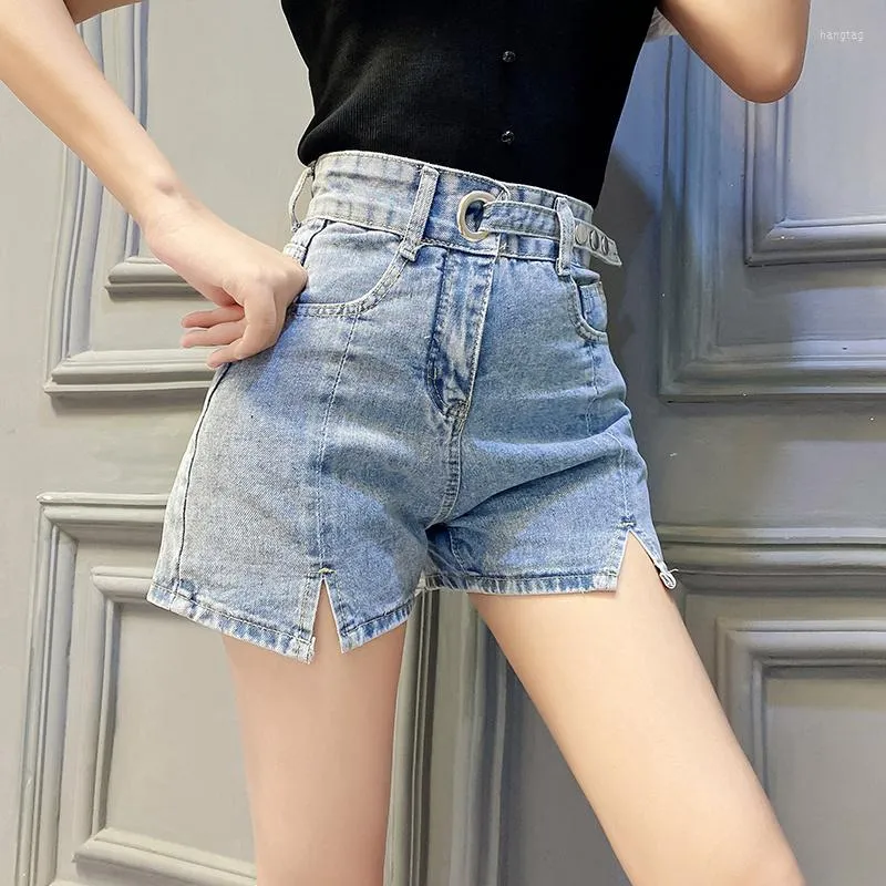 Calça Jeans Feminina Dividida Cintura Alta Shorts Irregulares Botas Femininas Calças Curtas Senhoras Clássico Moda Perna Larga Bandagem Verão
