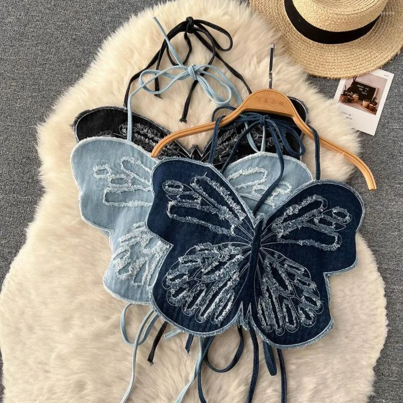 Regata feminina Summer Design Sense borboleta 3D pendurada no pescoço com alça aberta nas costas Camis feminina slim fit sexy vintage