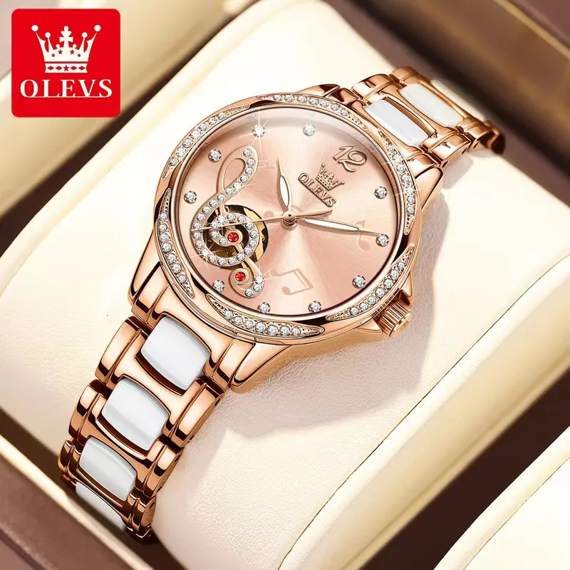 Olevs Montre Femme Entièrement Automatique Mécanique Diamant Accent Littéral Montre Femme 35mm