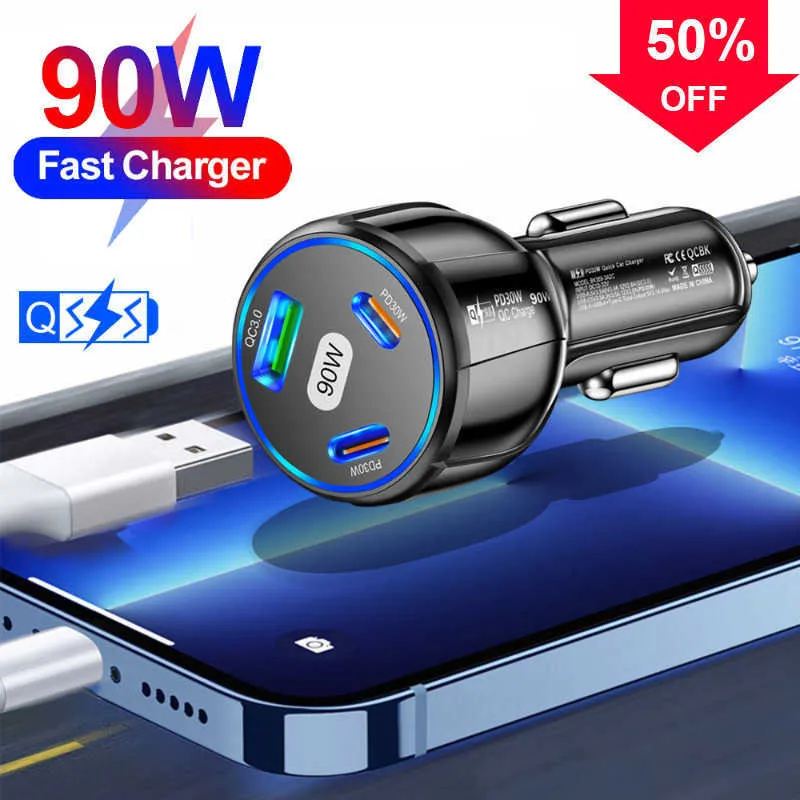 Nowy 90 W USB ładowarka samochodowa 3 port PD typ C Szybkie ładowanie dla iPhone'a 14 13 Xiaomi Samsung Quick Charger Zapalniczka Adapter