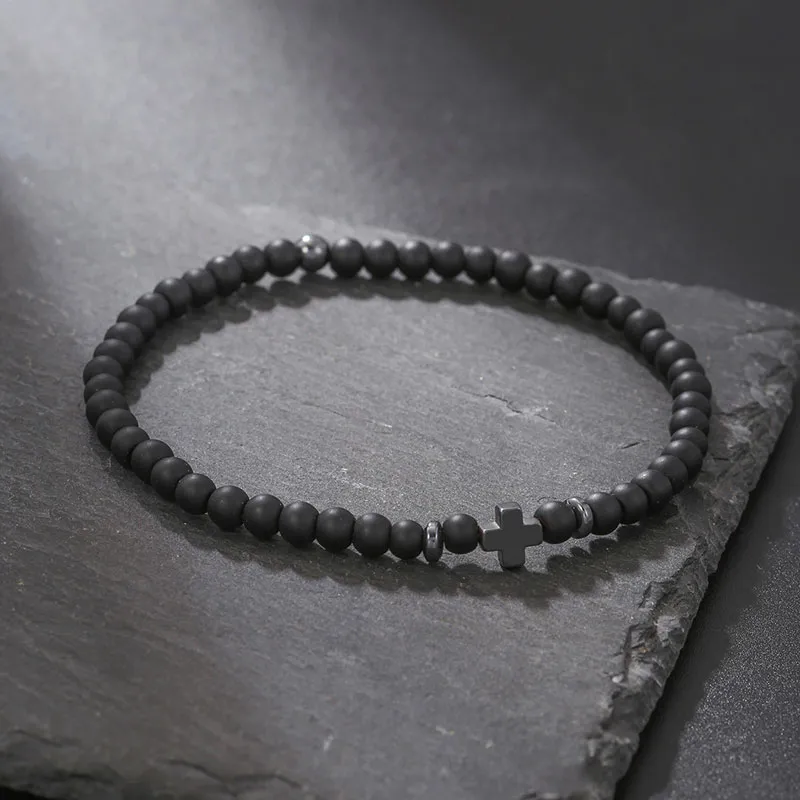 4mm Natural Stone Handmade Cross Beaded Strands Charm Bracelets Party Club Elastic Jewelry For Men Women