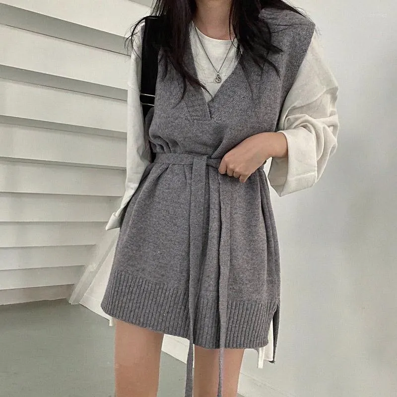 Casual Dresses Women Knitted Sleeveless Vest Dress V-Neck Split Lace Up Elegant Lady Loose Mini Nice Spring Autumn