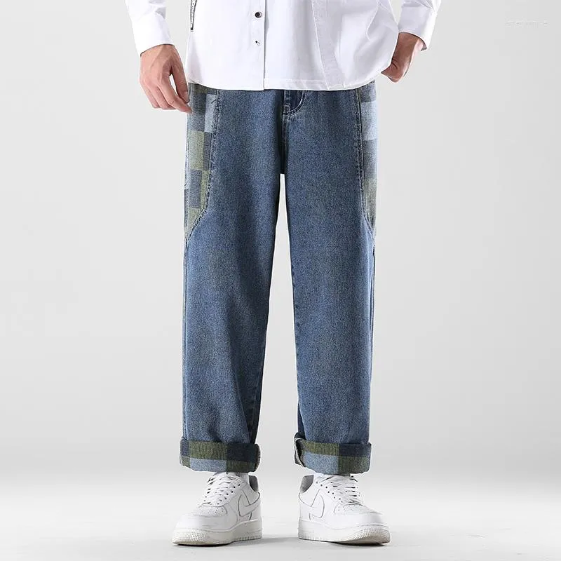 Herr jeans trevlig hösten män denim bredben byxor street mode koreansk stil tryckning blå baggy man rak