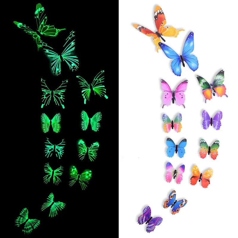 Adhesivo de pared de mariposa 3D luminoso para niños, dormitorio, hogar, sala de estar, nevera, calcomanía de pared que brilla en la oscuridad, decoración de papel tapiz, 12 Uds.