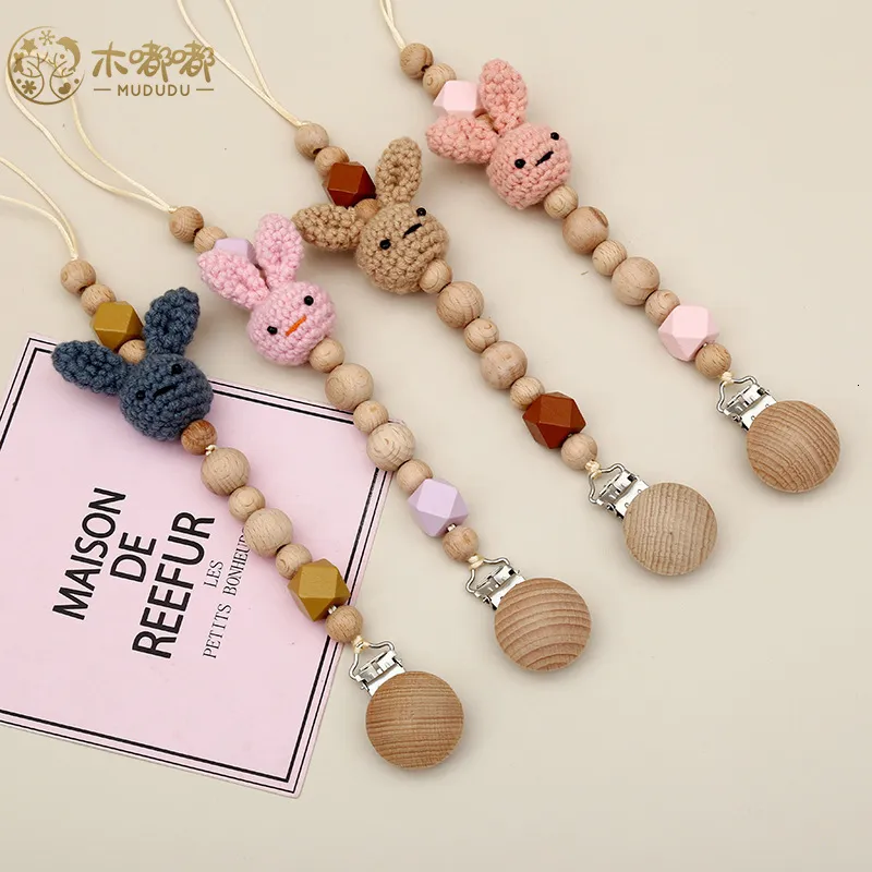 Mobiles # Baby Beech Pacifier Clip born Cotton Wooden Chain Nipple Soother Dummy Holder Infant Teething Nusring Toys Chew Gift 230607