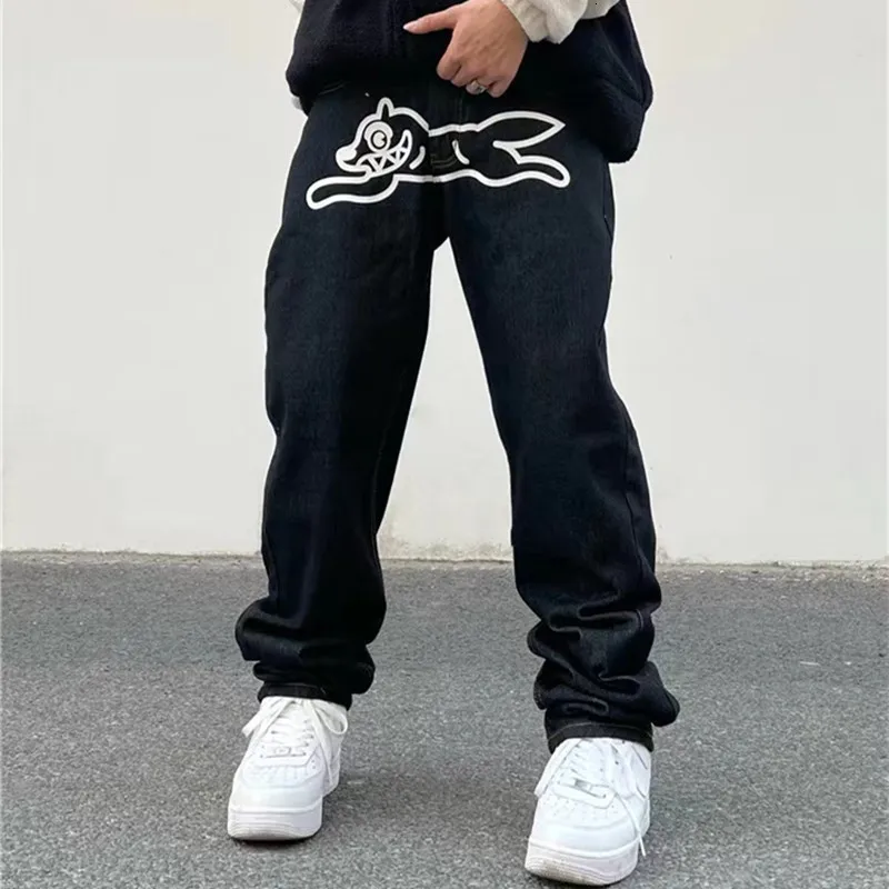 Męskie dżinsy modowe ropa dla psa nadruk workowate męskie spodnie Hip Hop Y2K Ubrania czarne proste luksusowe spodnie dżinsowe Pantalon Homme 230607