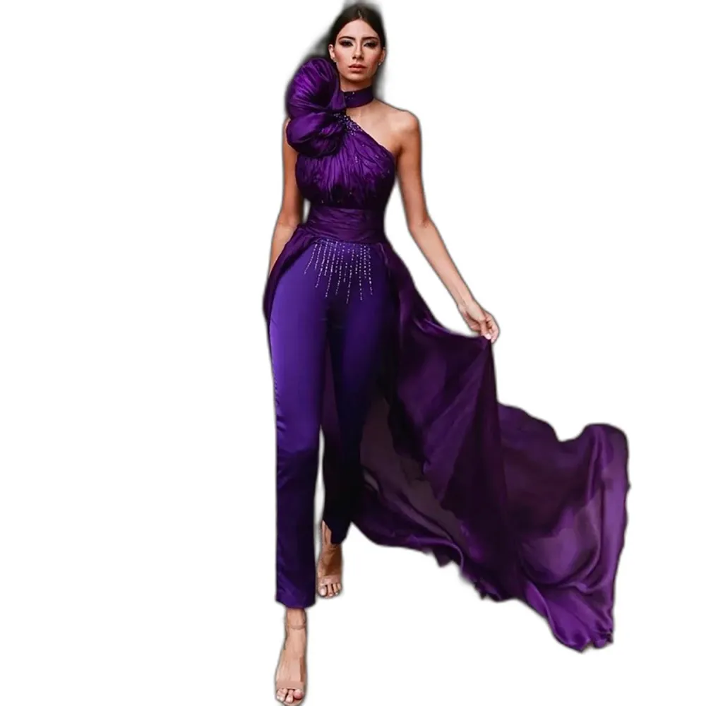 紫色のウエディングドレスホルターネックラックオーバースカート女性ジャンプスーツ足首の長さの時点でパーティードレスイブニングドレス
