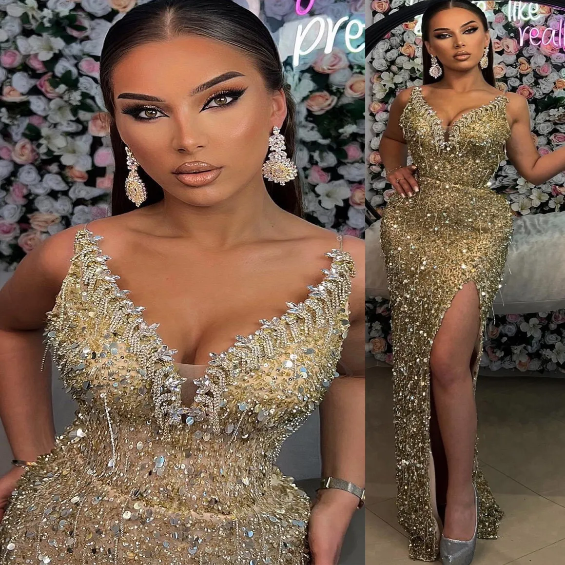 Gouden schede 2023 Afstudeerjurk Hoog gespleten lovertjes Lat Lace Sexy Homecoming Party Formele staart prom jurken jurken zj422 es