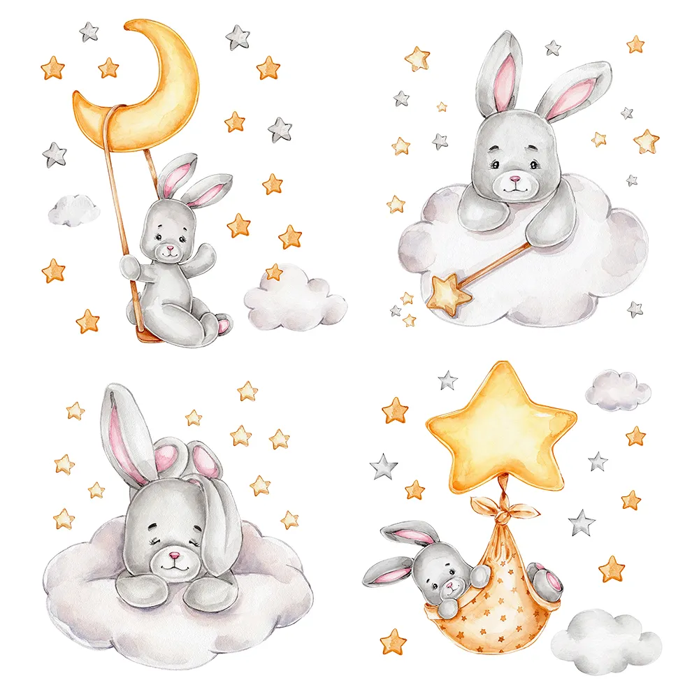 Cartoon Bunny Moon and Stars Wall Stickers for Kids Room Baby Room Decoration Animals Wall Decals Girls Boys Bedroom Wallpaper