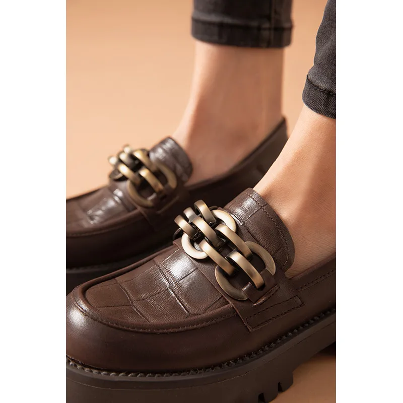 BeauToday Chunky Loafers Vrouwen Echt Koe Lederen Platform Schoenen Ronde Neus Metalen Ketting Slip op Dames Flats Handgemaakte 27748