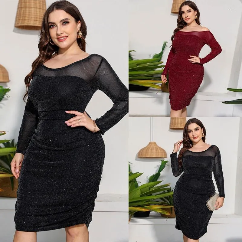 Casual Dresses Women Off Shoulder Long Sleeve Empire Midje Cocktail Party Shimmer Midi Dress 10CD