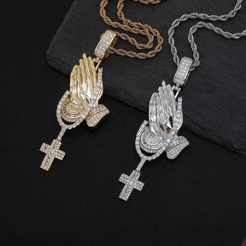 Hanger Kettingen Hip Hop Playing Hands Cross Hangers Ketting Fl Zirkoon Religieuze Sieraden Gift Drop Delivery Dhoet