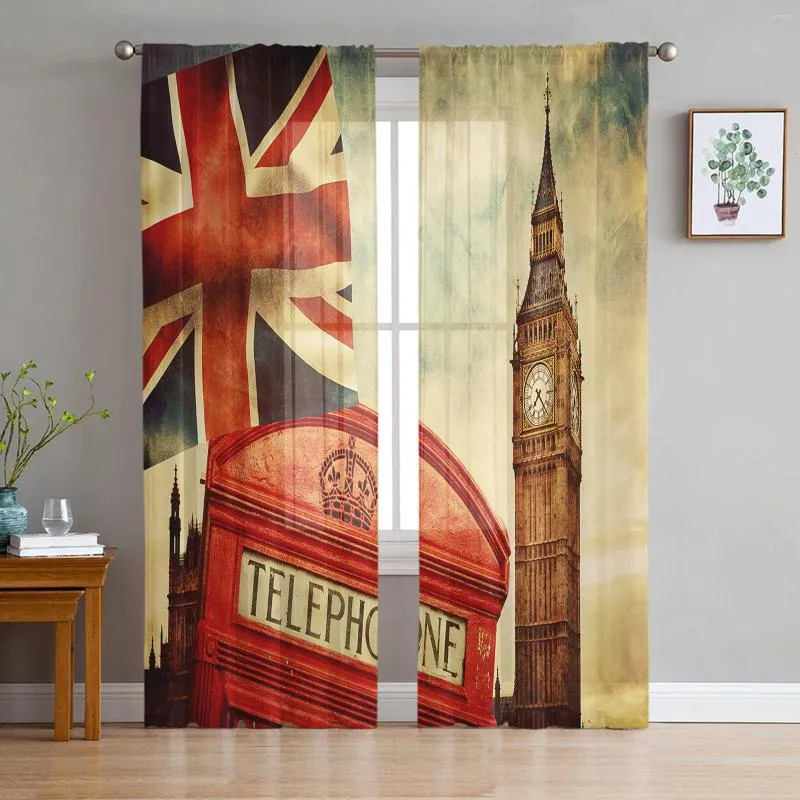 Cortina cabine telefônica inglesa big ben retrô tule para quarto decoração de casa voile janela sala de estar cortinas estampadas