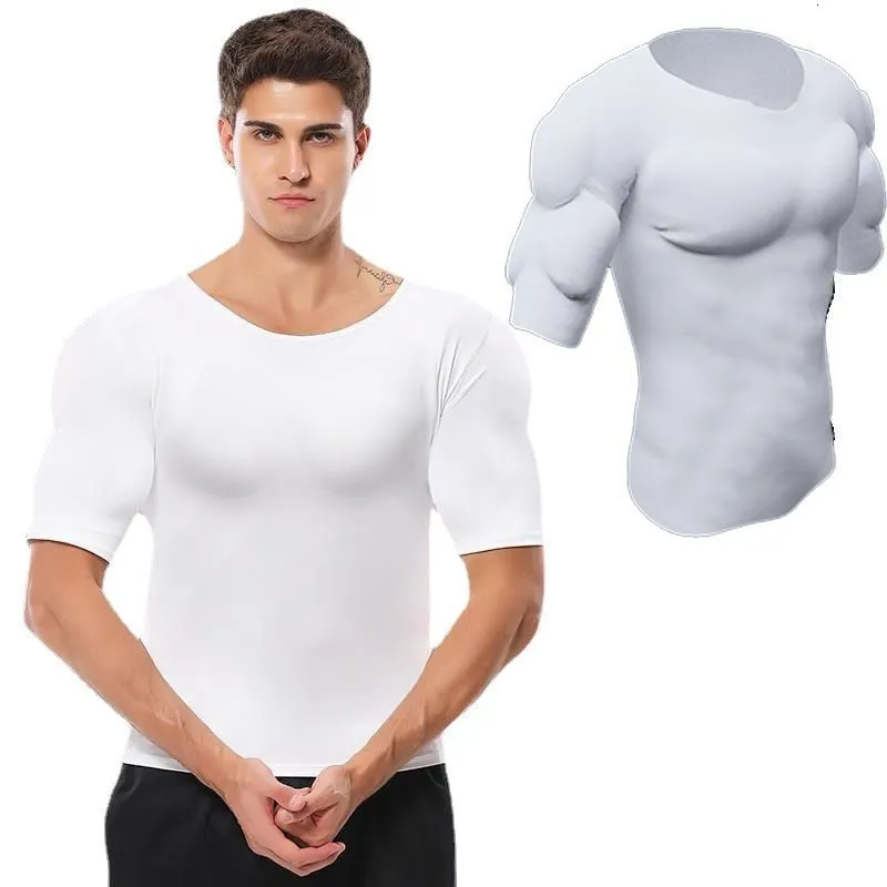 Taille Tummy Shaper Hommes Faux Muscle T-Shirts Body Shaper ABS Coussinets Invisibles Poitrine Tops Party Enhancer Bodybuild Fitness Musculaire Cosplay Sous-Vêtements 230607