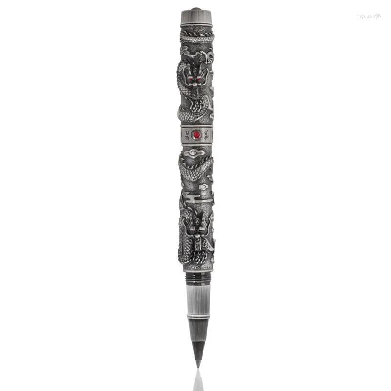 Jinhao Vintage Roller Ball Pen Double Dragon Playing Pearl Grey Metal tallado en relieve pesado para escribir bolígrafos