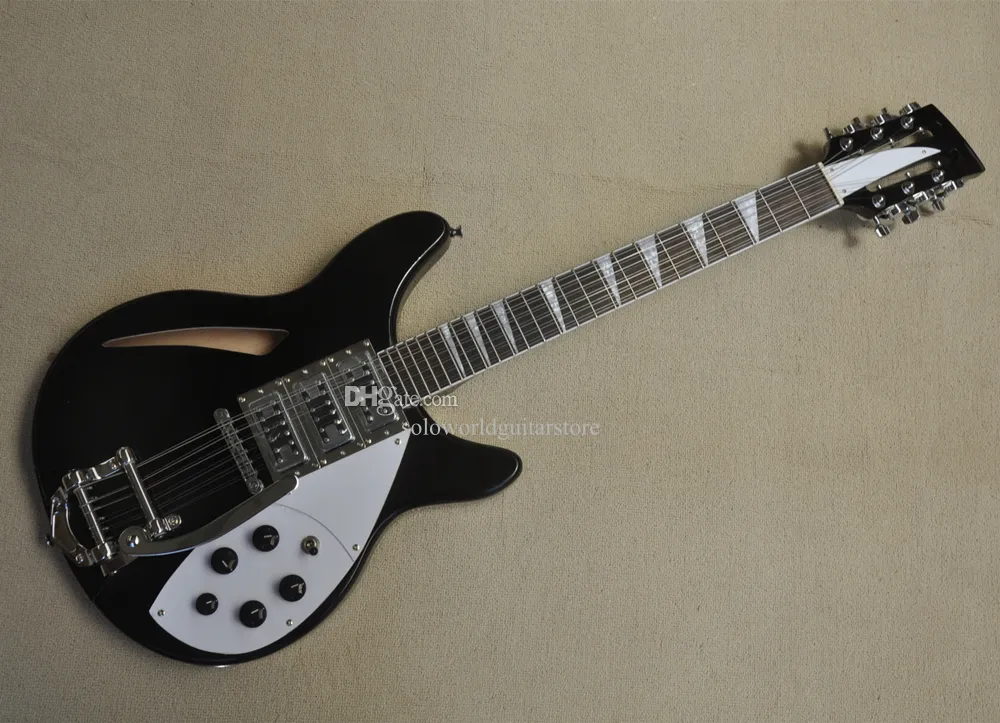 Semi Hollow Body Electric Guitar, Black With Tremolo Bridge, Rosewood