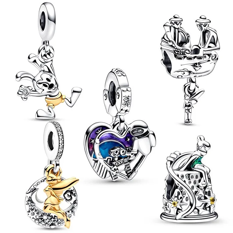 يناسب سوار Pandora Sterling الفضة 20pcs كرتون الأميرة روبوت روبوت الماوس حبات التدوير سحر لسلسلة سحر الأفعى الأوروبية أزياء DIY المجوهرات بالجملة