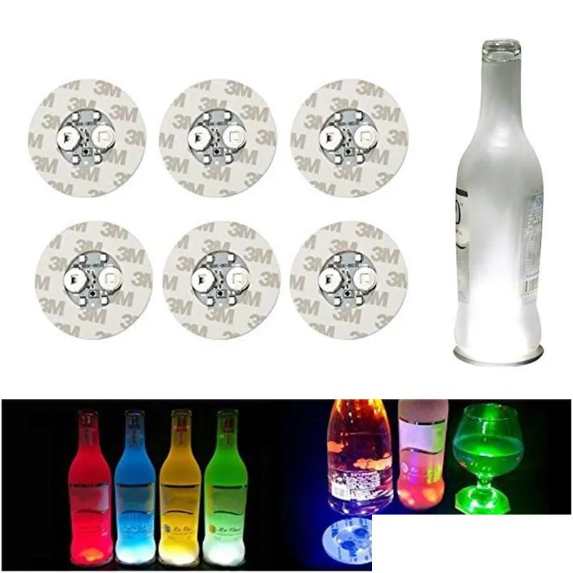 Nouveauté Éclairage 6Cm Glow Coasters Lumière 4 Leds Autocollants Bouteille Lampe Clignotant Led Lumières Pour Noël Noël Discothèque Bar Partie Vase Dhmth