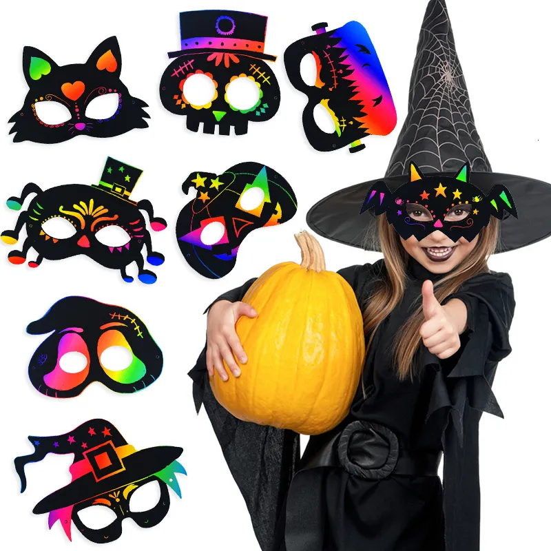 Masques de fête Magic Rainbow Scratch Peinture Masque Cartoon Citrouille Fantôme Chauve-Souris Araignée Enfants Éducation Jouet Halloween DIY Jouets 230607