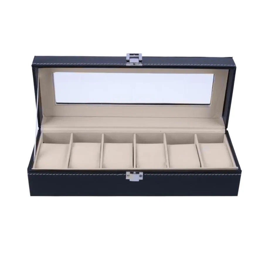 Caixa organizadora de armazenamento de joias, caixa de exibição de relógio de pulso com 6 compartimentos com capa, organizador de exibição de relógios de joias290c