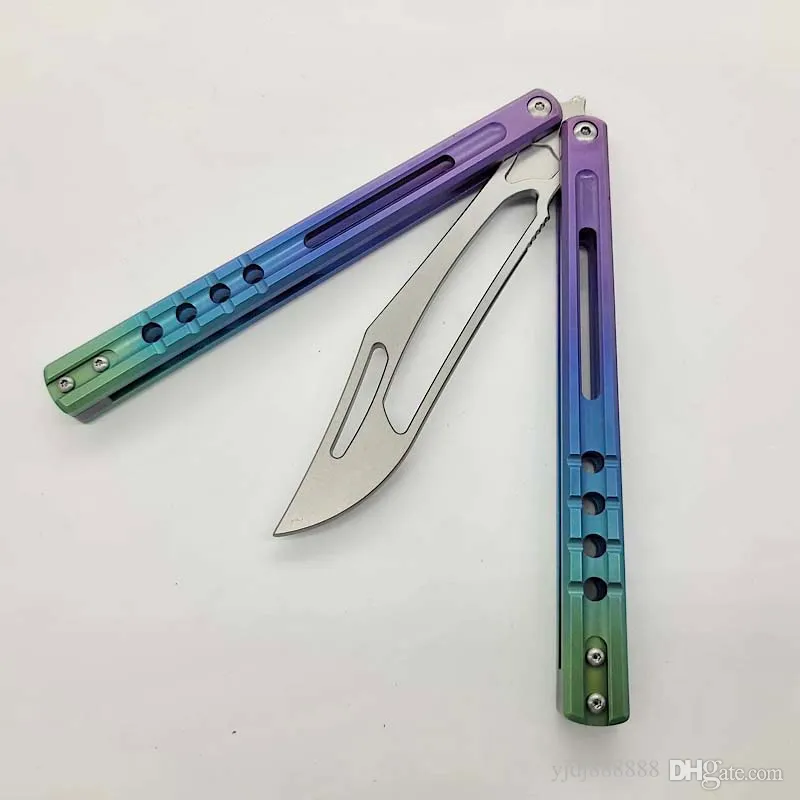 TheOne Balisong Orca Killer 고래 나비 트레이너 훈련 나이프 날카로운 D2 블레이드 CNC 그라디언트 컬러 티타니늄 손잡이 jilt 스윙 나이프 홈 바실리스크 EX10 노틸러스