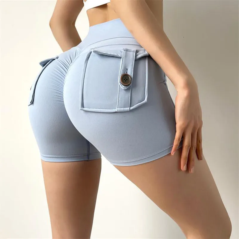 Tenue de yoga Cargo Short Gym Scrunch Butt Booty Vêtements d'entraînement serrés pour le fitness avec poche à bouton 230607