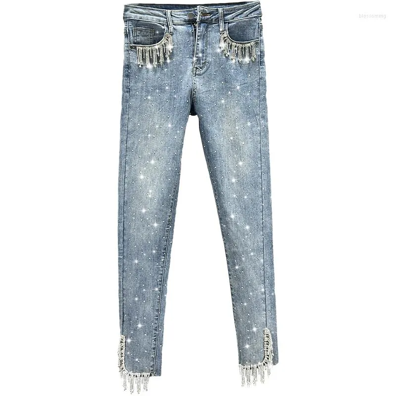 2023 Spring/Summer Womens Tasseled Rhinestone Jeans Elastic 2023 Spring/Summer Womens Tasseled Rhinestone Jeans Elastic