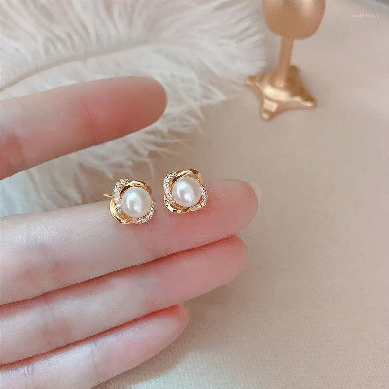 Stud Earrings Cute Female Small Round Pearl Crystal Stone Wedding Real 925 Sterling Silver For Women